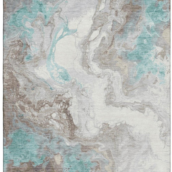 HomeRoots 5' X 8' Abstract Teal Taupe Ivory Area Rug – Washable, Stain Resistant, UV Protected for Busy Homes! 705433