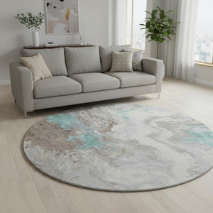 HomeRoots 8' Teal Taupe & Ivory Abstract Washable Round Rug – UV Protected, Stain Resistant, Modern Design 705434