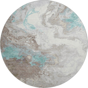 HomeRoots 8' Teal Taupe & Ivory Abstract Washable Round Rug – UV Protected, Stain Resistant, Modern Design 705434