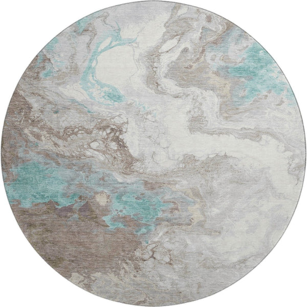 HomeRoots 8' Teal Taupe & Ivory Abstract Washable Round Rug – UV Protected, Stain Resistant, Modern Design 705434