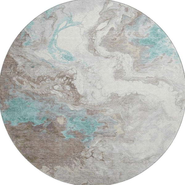 HomeRoots 8' Teal Taupe & Ivory Abstract Washable Round Rug – UV Protected, Stain Resistant, Modern Design 705434
