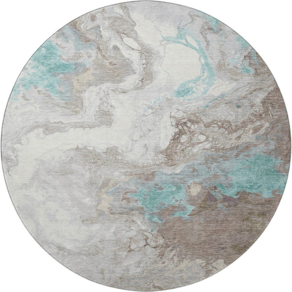 HomeRoots 8' Teal Taupe & Ivory Abstract Washable Round Rug – UV Protected, Stain Resistant, Modern Design 705434