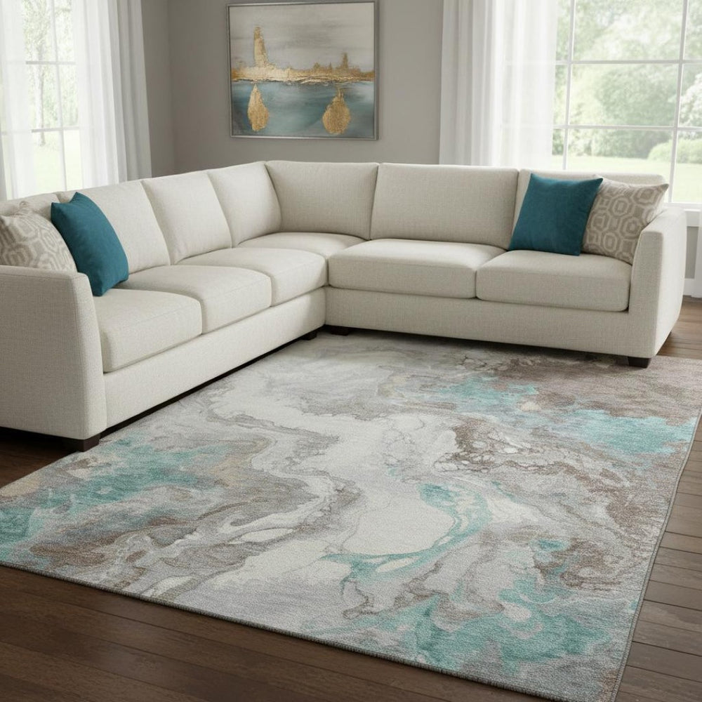 HomeRoots 8' X 10' Durable Teal Taupe & Ivory Abstract Area Rug with UV Protection & Washable Easy Care 705435