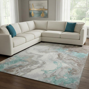HomeRoots 8' X 10' Durable Teal Taupe & Ivory Abstract Area Rug with UV Protection & Washable Easy Care 705435