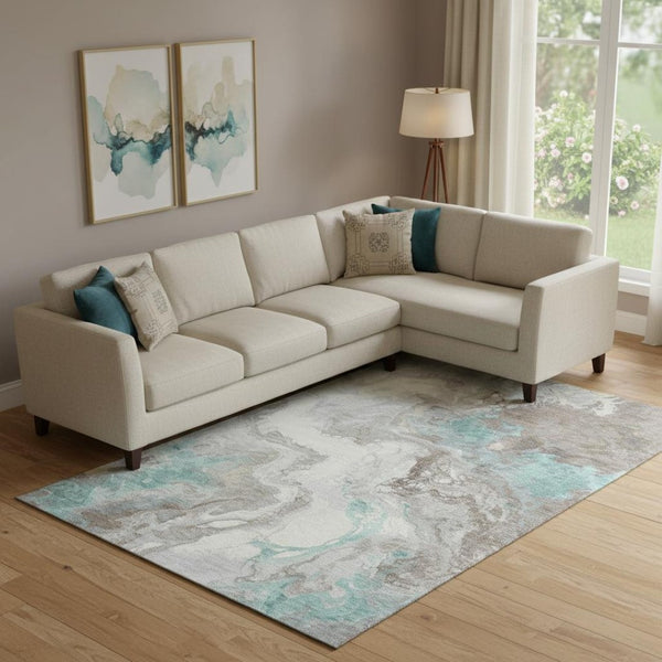 HomeRoots 9' X 12' Modern Teal Taupe Ivory Abstract Washable Area Rug with UV Protection for Stylish Living 705436