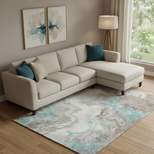 HomeRoots 10' Teal Taupe and Ivory Abstract Washable Area Rug - UV Protected, Stain Resistant, Modern Style! 705437