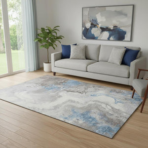 HomeRoots 5' X 8' Abstract Washable Area Rug in Taupe, Blue & Ivory - UV Protected, Stain Resistant, Modern Design 705439