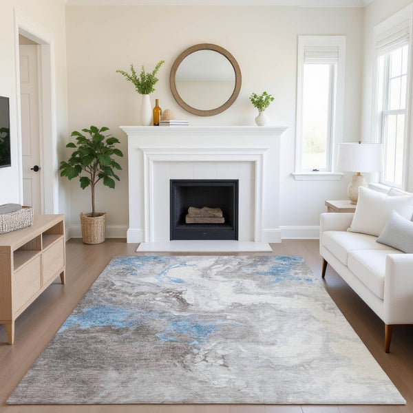 HomeRoots 5' X 8' Abstract Washable Area Rug in Taupe, Blue & Ivory - UV Protected, Stain Resistant, Modern Design 705439