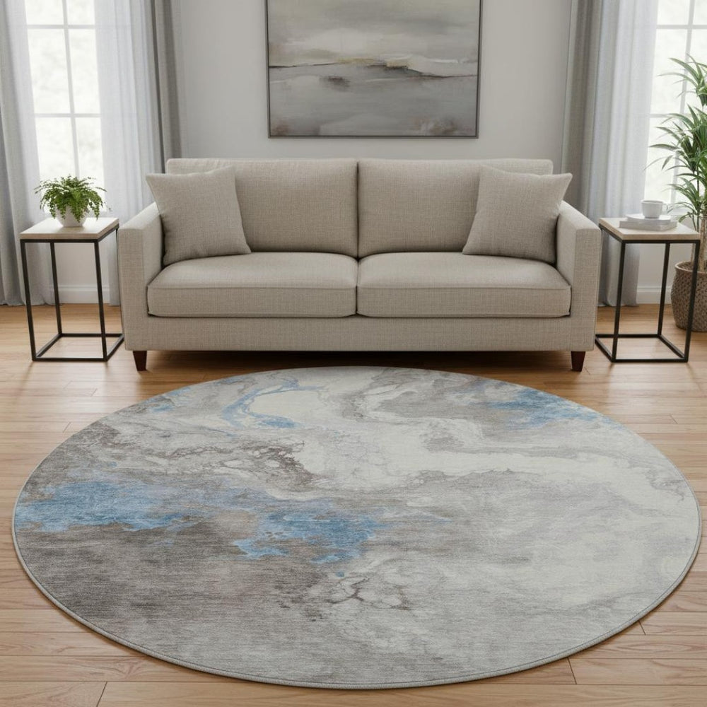 HomeRoots 8' Stylish Taupe Blue Ivory Abstract Washable Round Rug - UV Protected, Stain Resistant & Durable 705440
