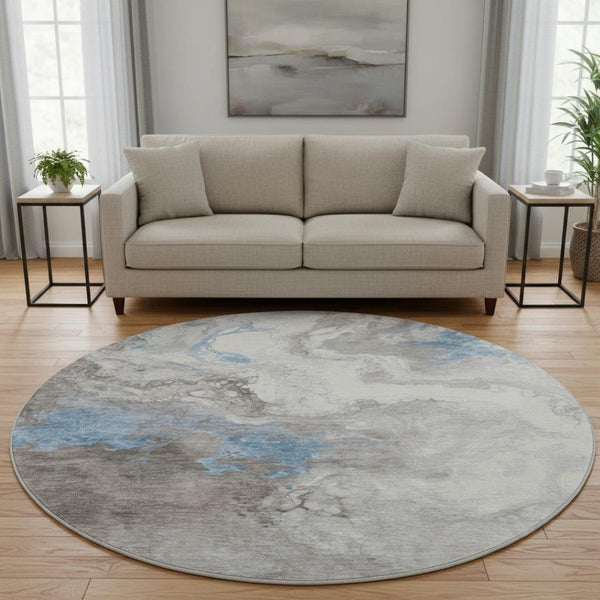 HomeRoots 8' Stylish Taupe Blue Ivory Abstract Washable Round Rug - UV Protected, Stain Resistant & Durable 705440