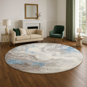 HomeRoots 8' Stylish Taupe Blue Ivory Abstract Washable Round Rug - UV Protected, Stain Resistant & Durable 705440