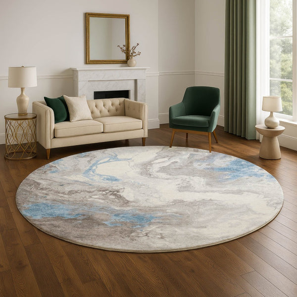HomeRoots 8' Stylish Taupe Blue Ivory Abstract Washable Round Rug - UV Protected, Stain Resistant & Durable 705440
