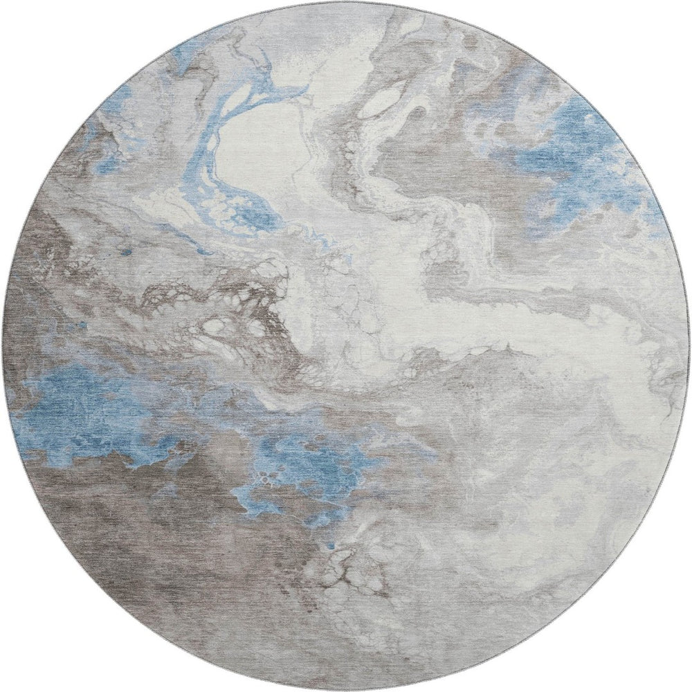 HomeRoots 8' Stylish Taupe Blue Ivory Abstract Washable Round Rug - UV Protected, Stain Resistant & Durable 705440