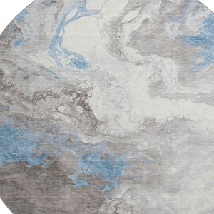 HomeRoots 8' Stylish Taupe Blue Ivory Abstract Washable Round Rug - UV Protected, Stain Resistant & Durable 705440