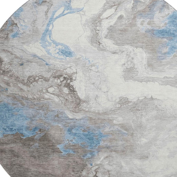 HomeRoots 8' Stylish Taupe Blue Ivory Abstract Washable Round Rug - UV Protected, Stain Resistant & Durable 705440