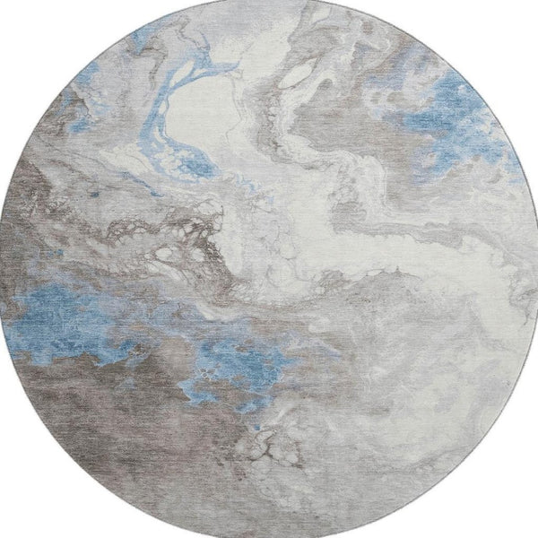 HomeRoots 8' Stylish Taupe Blue Ivory Abstract Washable Round Rug - UV Protected, Stain Resistant & Durable 705440