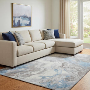 HomeRoots 8' X 10' Abstract Taupe Blue Ivory Washable Area Rug – UV Resistant, Non-Slip, Stylish & Durable! 705441