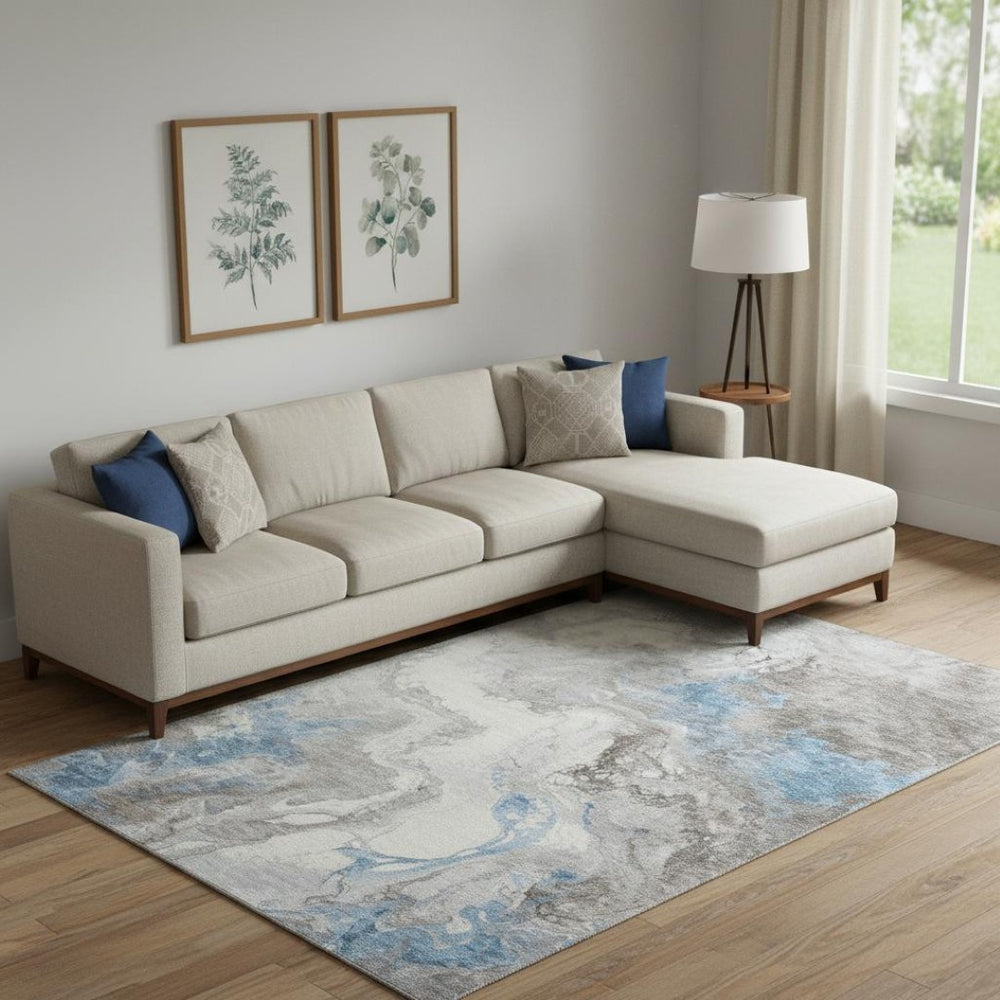 HomeRoots 9' X 12' Stylish Taupe Blue Ivory Abstract Area Rug - Washable, UV Protected, Durable & Non-Slip 705442