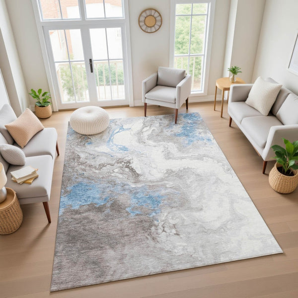 HomeRoots 9' X 12' Stylish Taupe Blue Ivory Abstract Area Rug - Washable, UV Protected, Durable & Non-Slip 705442