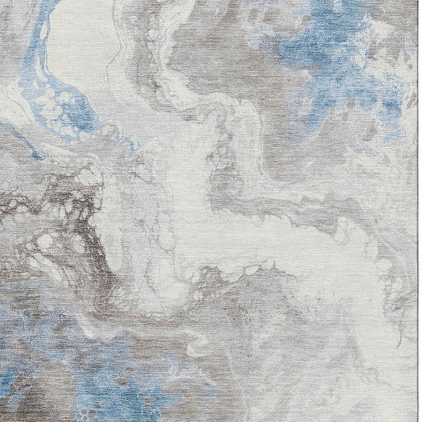 HomeRoots 9' X 12' Stylish Taupe Blue Ivory Abstract Area Rug - Washable, UV Protected, Durable & Non-Slip 705442