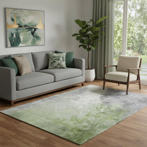 HomeRoots 5' X 8' Artichoke Green Gray Ivory Abstract Washable Area Rug with UV Protection for Busy Homes 705445