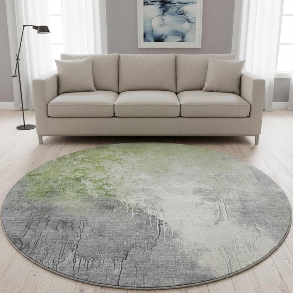 HomeRoots 8' Artichoke Green Gray Ivory Abstract Round Rug - Washable, Durable, UV-Protected, Non-Slip Design 705446