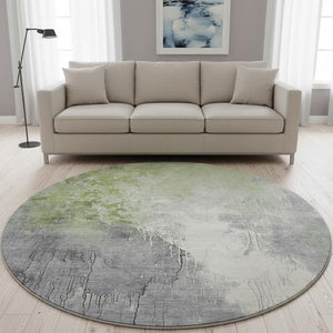 HomeRoots 8' Artichoke Green Gray Ivory Abstract Round Rug - Washable, Durable, UV-Protected, Non-Slip Design 705446