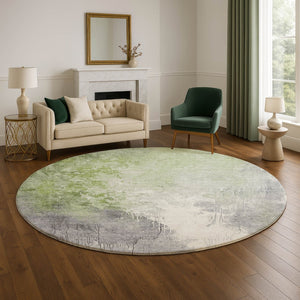 HomeRoots 8' Artichoke Green Gray Ivory Abstract Round Rug - Washable, Durable, UV-Protected, Non-Slip Design 705446
