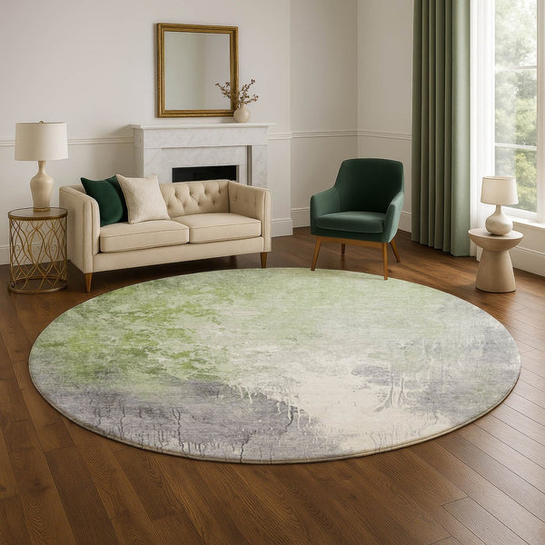 HomeRoots 8' Artichoke Green Gray Ivory Abstract Round Rug - Washable, Durable, UV-Protected, Non-Slip Design 705446