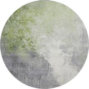 HomeRoots 8' Artichoke Green Gray Ivory Abstract Round Rug - Washable, Durable, UV-Protected, Non-Slip Design 705446