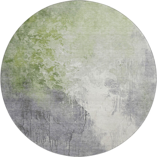 HomeRoots 8' Artichoke Green Gray Ivory Abstract Round Rug - Washable, Durable, UV-Protected, Non-Slip Design 705446