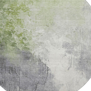 HomeRoots 8' Artichoke Green Gray Ivory Abstract Round Rug - Washable, Durable, UV-Protected, Non-Slip Design 705446