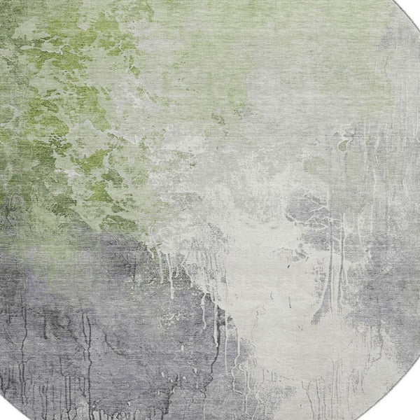 HomeRoots 8' Artichoke Green Gray Ivory Abstract Round Rug - Washable, Durable, UV-Protected, Non-Slip Design 705446
