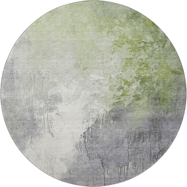 HomeRoots 8' Artichoke Green Gray Ivory Abstract Round Rug - Washable, Durable, UV-Protected, Non-Slip Design 705446
