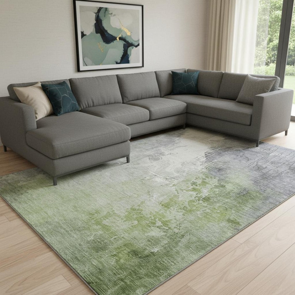 HomeRoots 8' X 10' Washable Abstract Area Rug in Artichoke Green, Gray & Ivory - UV Protected, Soft & Durable 705447