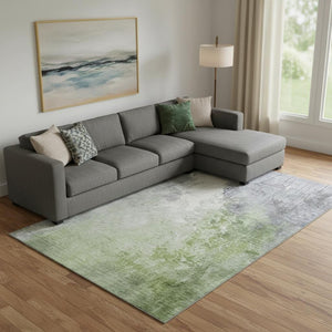 HomeRoots 9' X 12' Artichoke Green Gray Ivory Abstract Rug - Washable, UV Protected, Durable for Busy Homes 705448