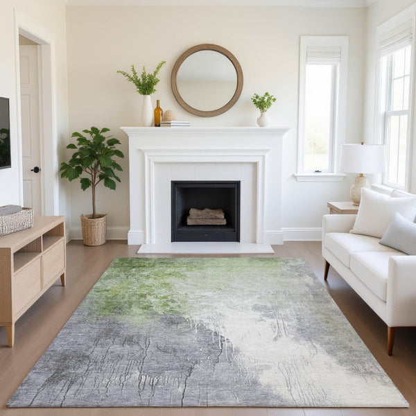 HomeRoots 9' X 12' Artichoke Green Gray Ivory Abstract Rug - Washable, UV Protected, Durable for Busy Homes 705448