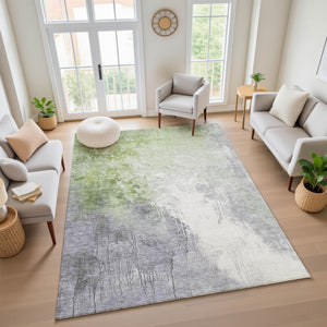 HomeRoots 9' X 12' Artichoke Green Gray Ivory Abstract Rug - Washable, UV Protected, Durable for Busy Homes 705448