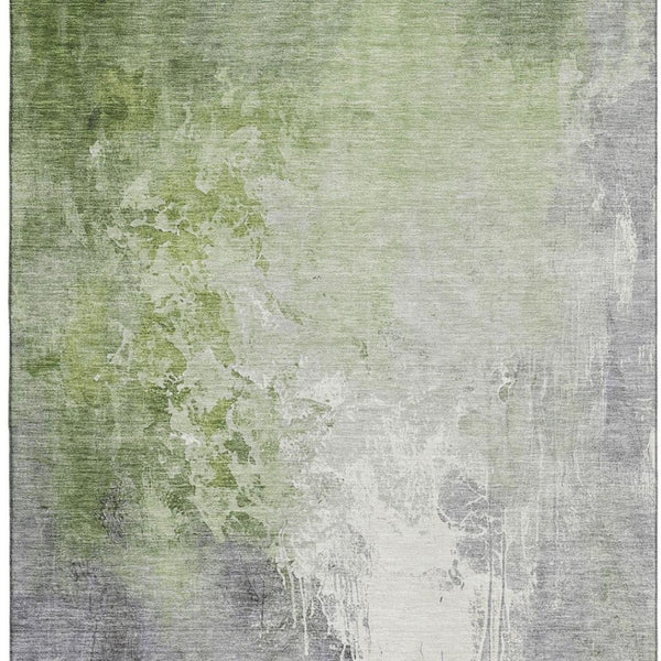HomeRoots 9' X 12' Artichoke Green Gray Ivory Abstract Rug - Washable, UV Protected, Durable for Busy Homes 705448