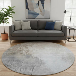 HomeRoots 8' Beige and Ivory Abstract Round Rug - Washable, UV Protected, Durable, Family-Friendly Design! 705452