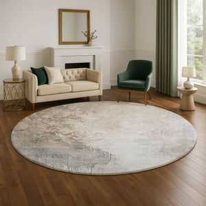 HomeRoots 8' Beige and Ivory Abstract Round Rug - Washable, UV Protected, Durable, Family-Friendly Design! 705452