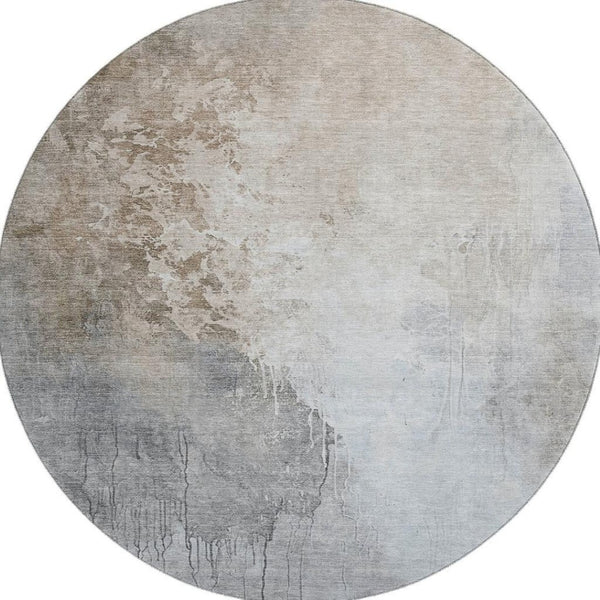 HomeRoots 8' Beige and Ivory Abstract Round Rug - Washable, UV Protected, Durable, Family-Friendly Design! 705452