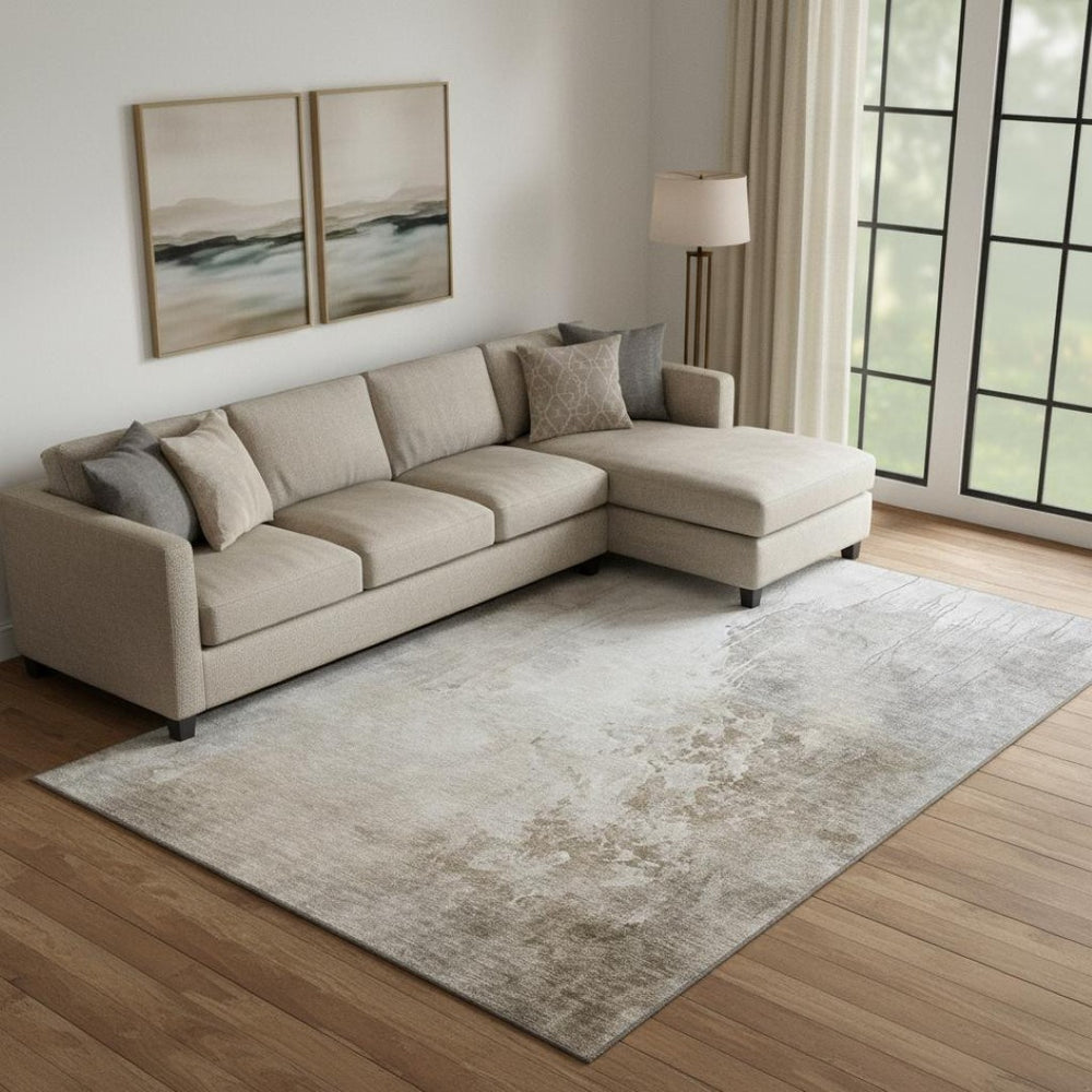 HomeRoots 9' X 12' Beige & Ivory Abstract Washable Area Rug - Durable, Stylish, UV-Protected for Homes 705454