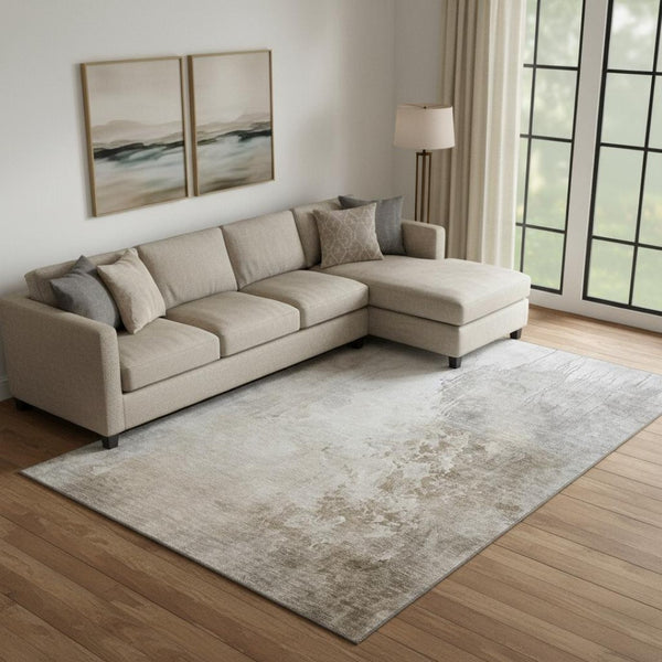 HomeRoots 9' X 12' Beige & Ivory Abstract Washable Area Rug - Durable, Stylish, UV-Protected for Homes 705454