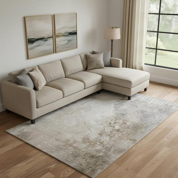 HomeRoots 10' X 14' Beige And Ivory Abstract Washable Area Rug - Durable, UV-Protected, Stylish & Easy Care! 705455