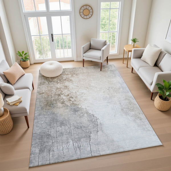 HomeRoots 10' X 14' Beige And Ivory Abstract Washable Area Rug - Durable, UV-Protected, Stylish & Easy Care! 705455