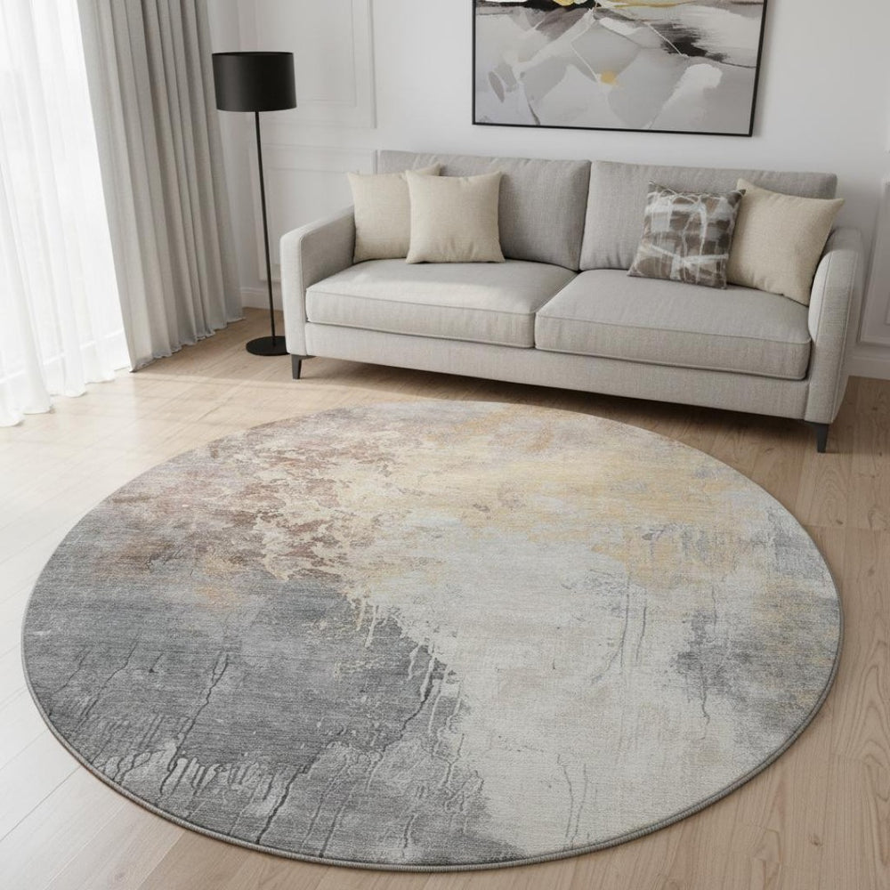 HomeRoots 8' Coral Beige and Ivory Abstract Washable Round Area Rug with UV Protection for Modern Spaces 705458