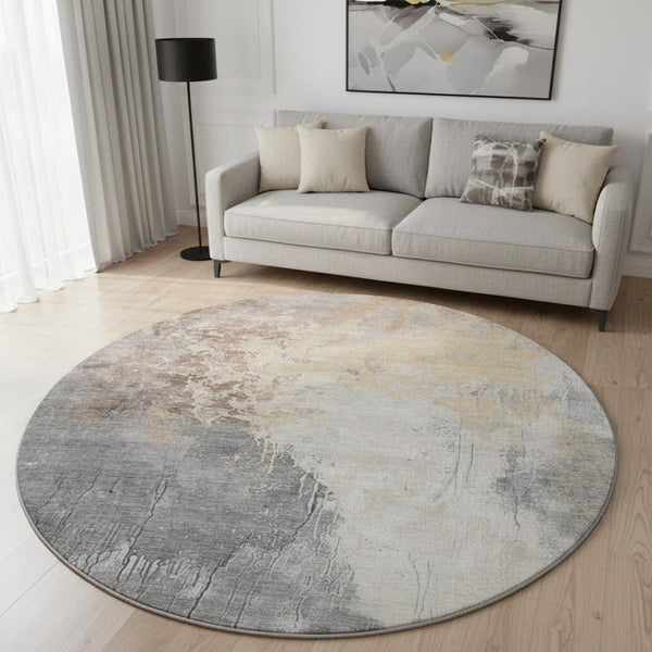 HomeRoots 8' Coral Beige and Ivory Abstract Washable Round Area Rug with UV Protection for Modern Spaces 705458