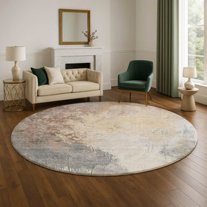 HomeRoots 8' Coral Beige and Ivory Abstract Washable Round Area Rug with UV Protection for Modern Spaces 705458