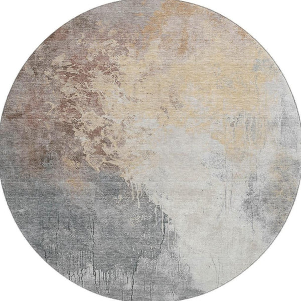HomeRoots 8' Coral Beige and Ivory Abstract Washable Round Area Rug with UV Protection for Modern Spaces 705458